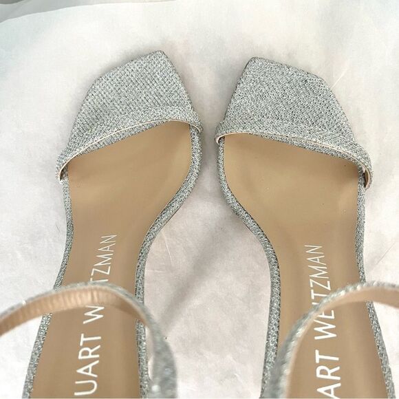 Stuart Weitzman's Nudistcurve Shimmery Ankle Strap Sandals Silver Size 6.5B NIB - Picture 13 of 14